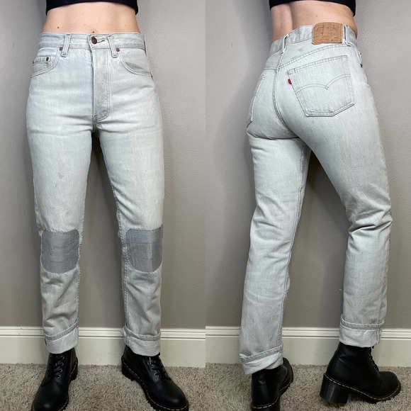 Levi's vintage 501 USA patched grey jeans 5 button fly double knee front 26